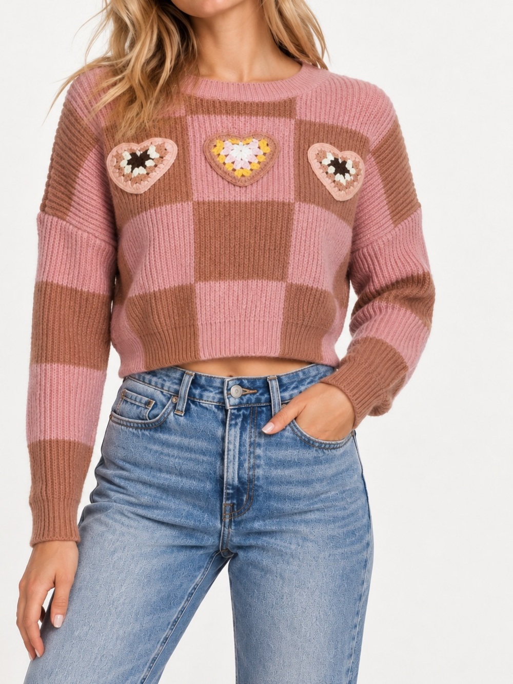 Dreamers by Debut Cropped Pink and Brown Checkered Crochet Hearts Crop Sweater
